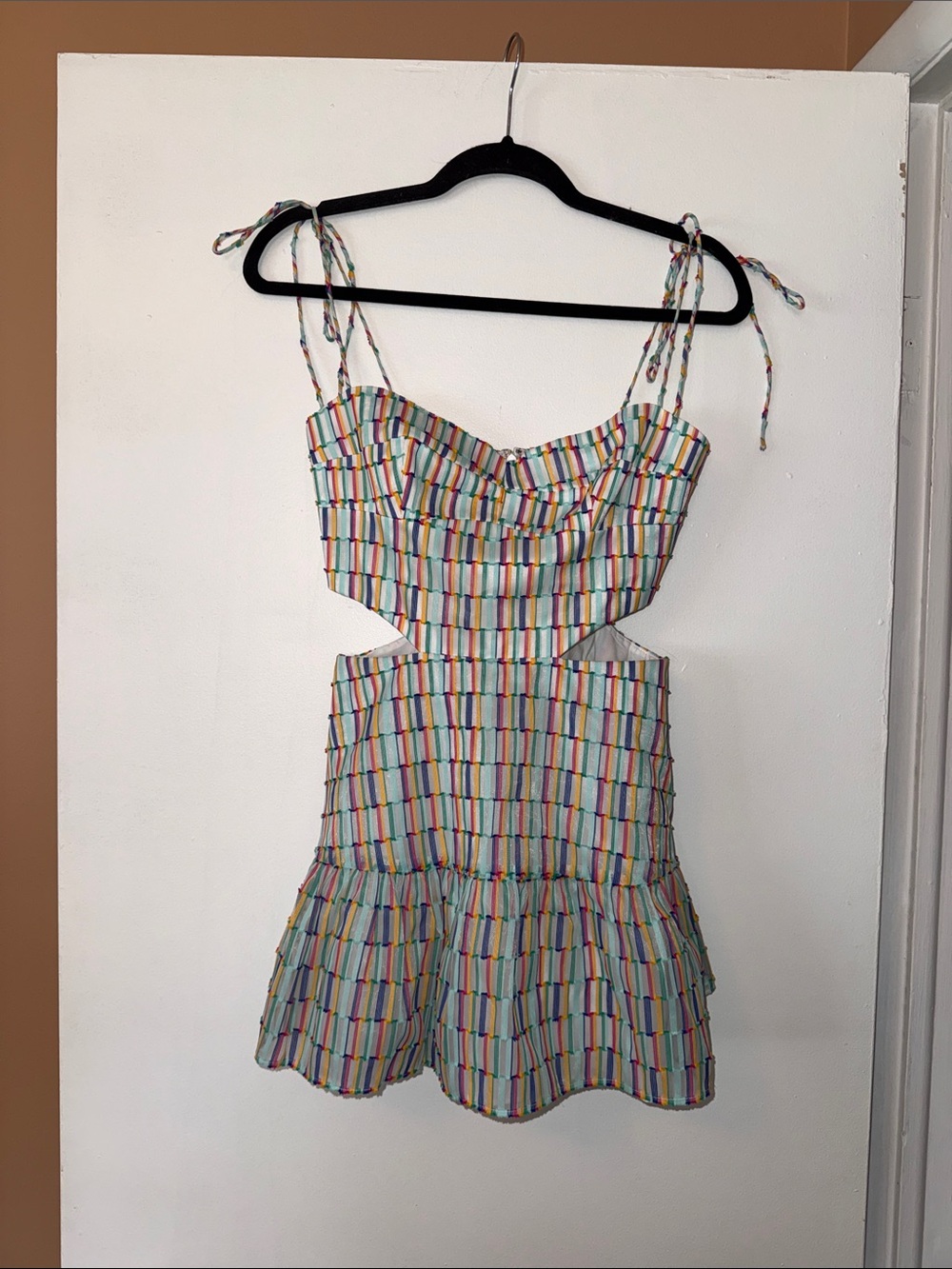 Amanda Uprichard White Romper with Multicolor Vertical Stripes